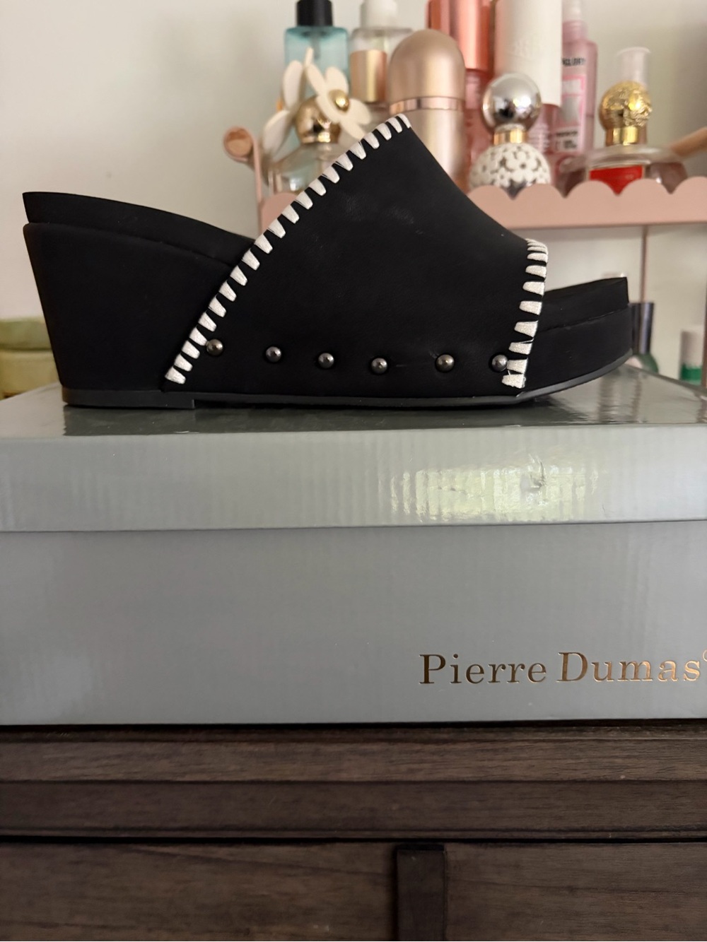 Pierre Dumas Black Wedge Slide Mules with White Stitch Trim